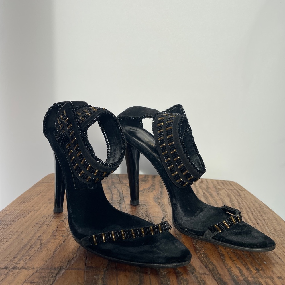 Sergio Rossi Black and Gold Beaded Heels
